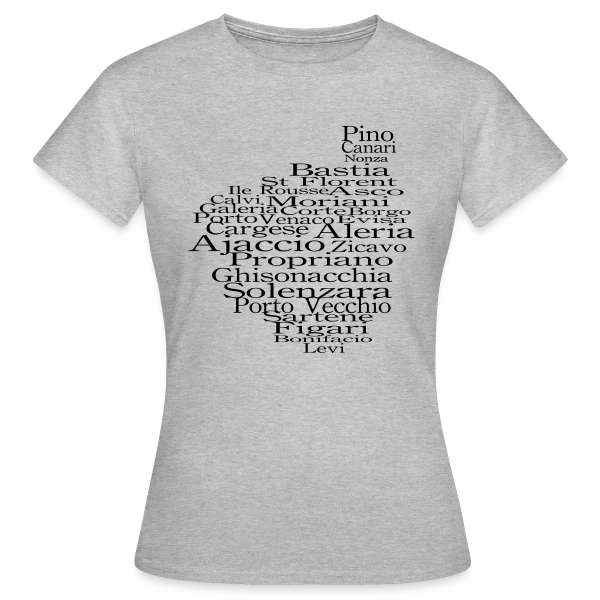 Maquette de T-shirt Femme « Carte Corse Villes Typographie » à personnaliser