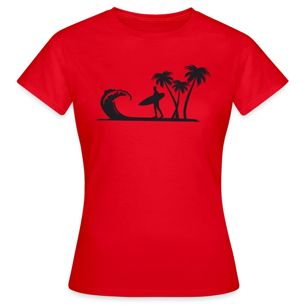 Maquette de T-shirt Femme « Surfeur Vague Palmiers » à personnaliser