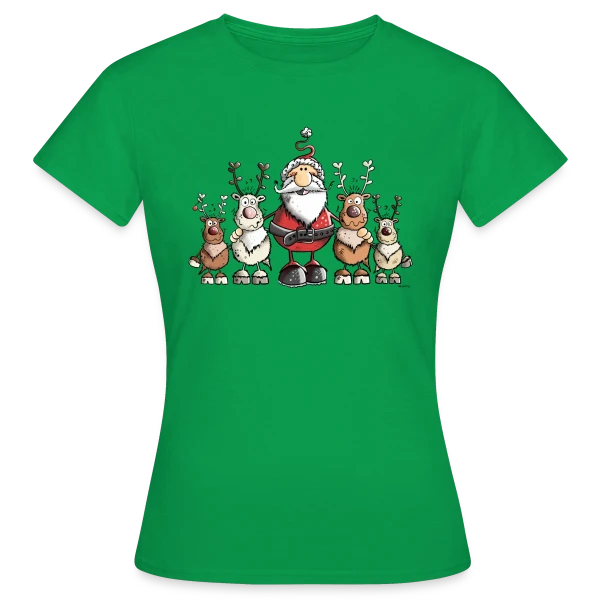 Maquette de T-shirt Femme « Père Noël entouré de rennes - Scène hivernale » à personnaliser