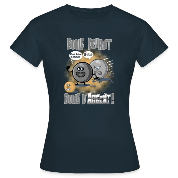 Maquette de T-shirt Femme « Boule devant boule d'argent - Pétanque » à personnaliser