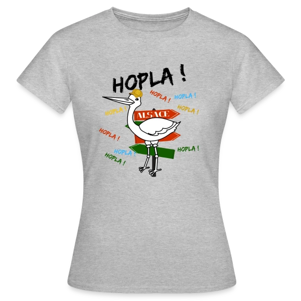Maquette de T-shirt Femme « Cigogne Hopla Alsace » à personnaliser