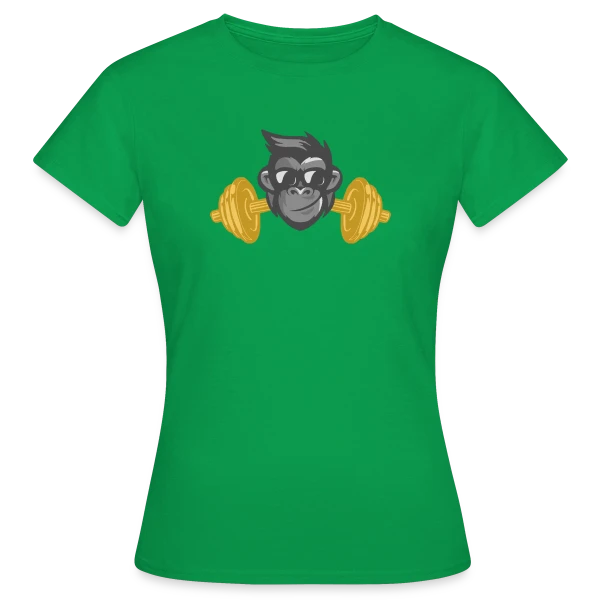 Maquette de T-shirt Femme « Le Singe Musclé : Gainz et Squats à la Salle » à personnaliser