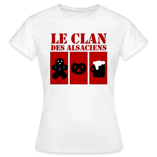 Maquette de T-shirt Femme « Le Clan des Alsaciens: Référence Culte Elsass » à personnaliser