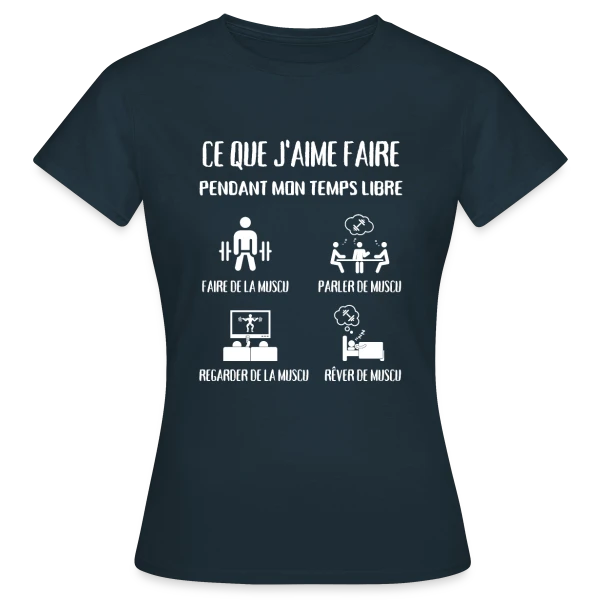 Maquette de T-shirt Femme « Temps Libre = Muscu ! Humour Musculation Homme » à personnaliser