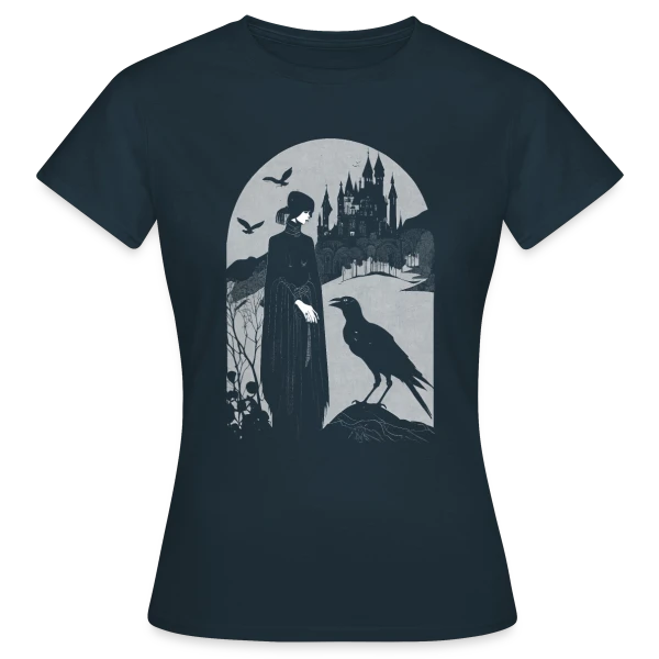 Maquette de T-shirt Femme « Corbeau et Château Gothique Mystérieux » à personnaliser