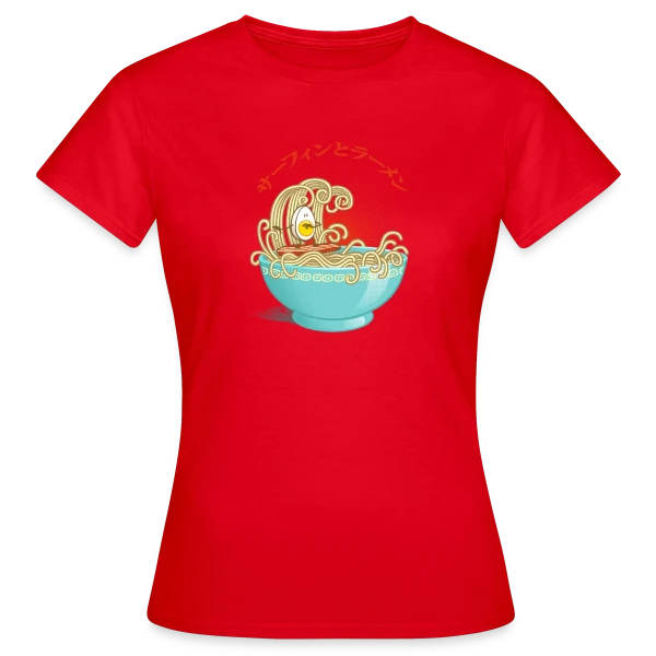 Maquette de T-shirt Femme « Surf & Ramens : L'Œuf glisse dans le bol » à personnaliser