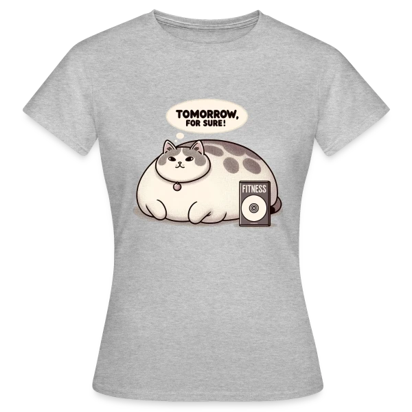 Maquette de T-shirt Femme « Le Chat Paresseux du Fitness : Demain, c'est sûr ! » à personnaliser