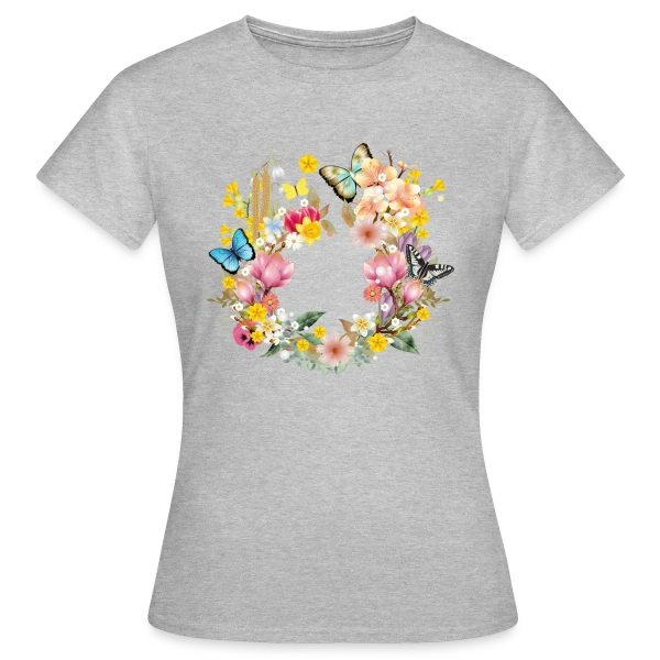 Maquette de T-shirt Femme « Éclosion Printanière : Fleurs et Papillons Colorés » à personnaliser
