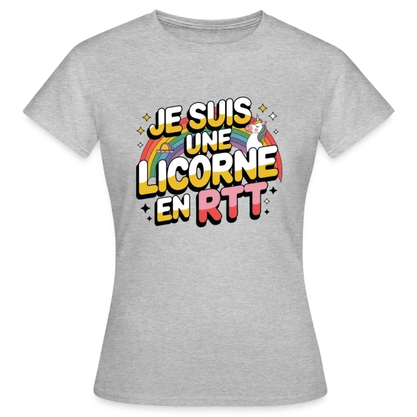 Maquette de T-shirt Femme « Licorne en RTT Arc-en-ciel » à personnaliser