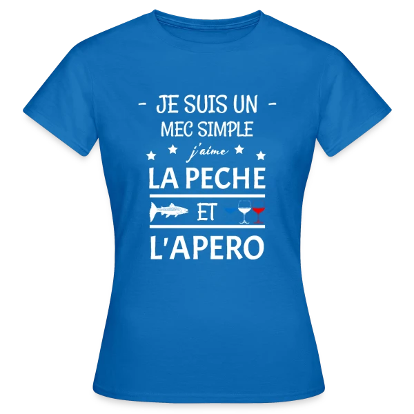 Maquette de T-shirt Femme « Je Suis Un Mec Simple : Pêche et Apéro » à personnaliser