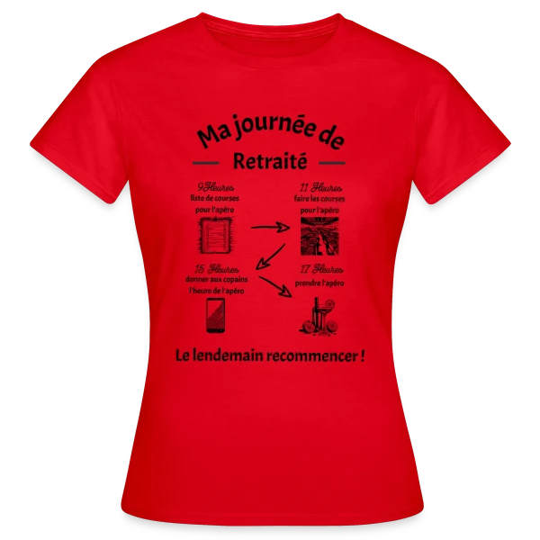 Maquette de T-shirt Femme « Joyeuse Retraite - Nouvelle Vie, Plus de Loisirs » à personnaliser