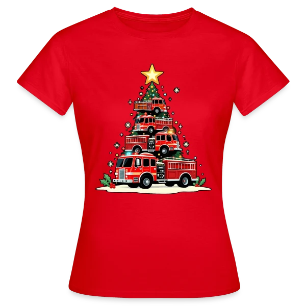Maquette de T-shirt Femme « Camion de Pompiers Rigolo - Noël Enchanté » à personnaliser
