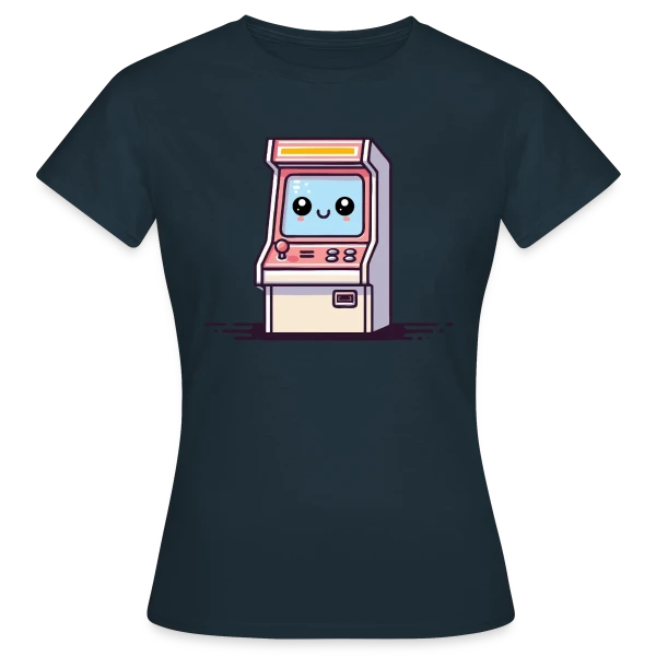 Maquette de T-shirt Femme « Borne d'Arcade Kawaii : Sourire Rétro Gaming » à personnaliser