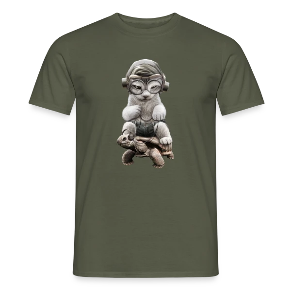 Maquette de T-shirt homme « Chat Cavalier sur Tortue de Guerre » à personnaliser