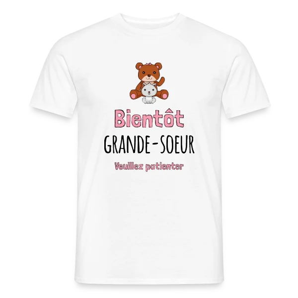 Maquette de T-shirt homme « 'Bientôt Grande Sœur' - Annonce Grossesse Originale » à personnaliser