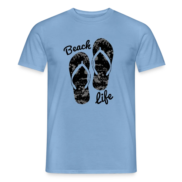 Maquette de T-shirt homme « Vie de Plage Tongs Détente » à personnaliser