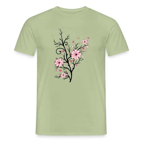 Maquette de T-shirt homme « Cerisier Fleuri Cœurs » à personnaliser