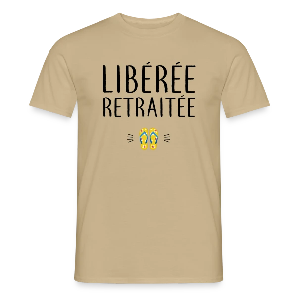 Maquette de T-shirt homme « 'Libérée Retraitée' - L'Humour pour Célébrer Sa Nouvelle Vie » à personnaliser