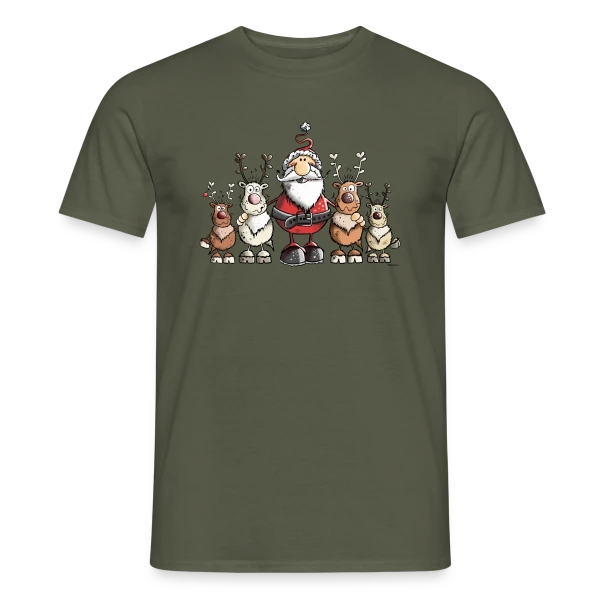 Maquette de T-shirt homme « Père Noël entouré de rennes - Scène hivernale » à personnaliser