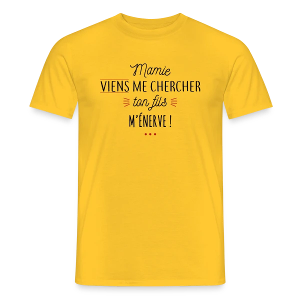 Maquette de T-shirt homme « Humour : Mamie, Ton Fils M'Énerve ! » à personnaliser