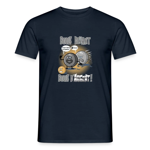 Maquette de T-shirt homme « Boule devant boule d'argent - Pétanque » à personnaliser