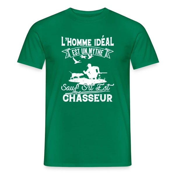 Maquette de T-shirt homme « L'Homme Idéal est Chasseur : Un Mythe Réel ! » à personnaliser