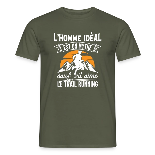 Maquette de T-shirt homme « L'Homme Idéal Aime le Trail Running : Un Mythe Réel ! » à personnaliser