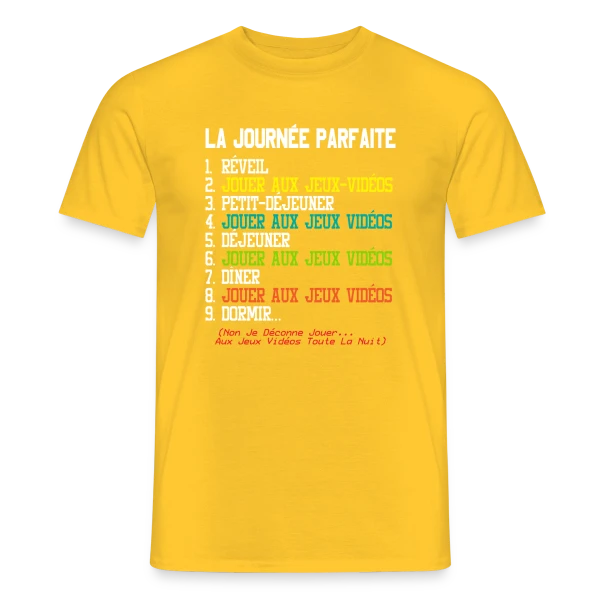 Maquette de T-shirt homme « 'La Journée Parfaite du Gamer' - Humour Geek » à personnaliser