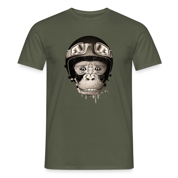 Maquette de T-shirt homme « Chimpanzé Motard Rétro – L'Aventure à Deux Roues » à personnaliser