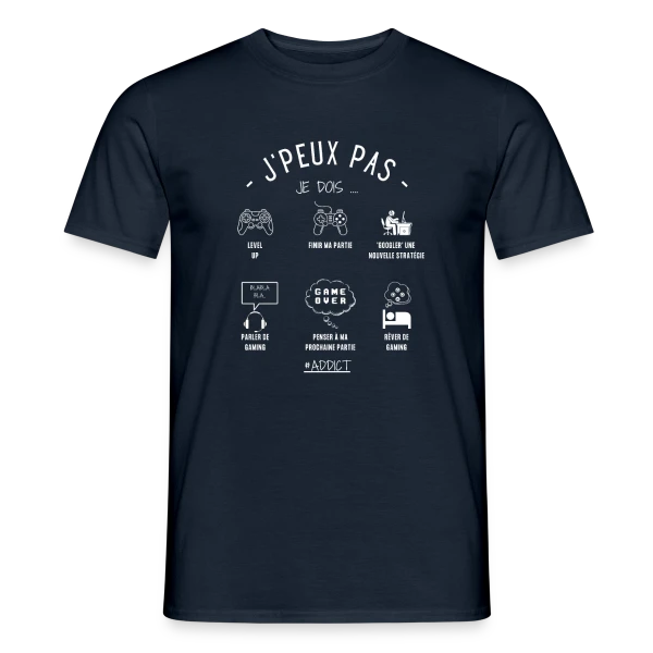 Maquette de T-shirt homme « Humour Geek: 'J'peux pas, j'dois gamer' » à personnaliser