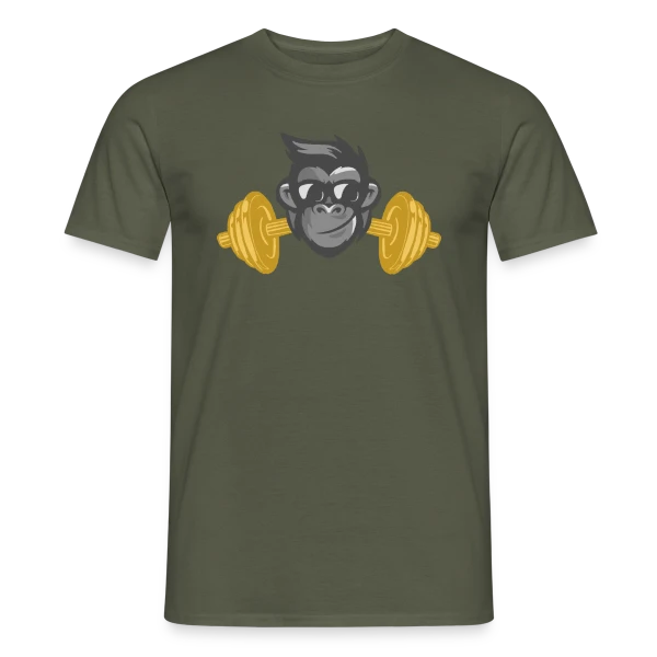 Maquette de T-shirt homme « Le Singe Musclé : Gainz et Squats à la Salle » à personnaliser