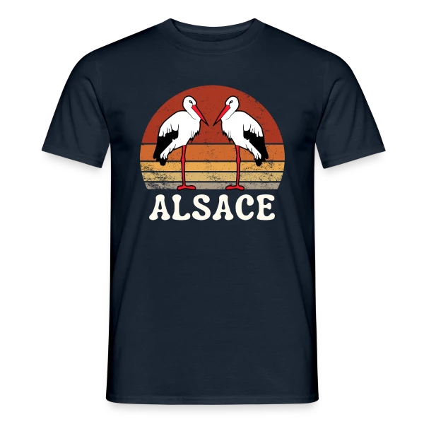 Maquette de T-shirt homme « Cigognes Alsace Rétro Sunset » à personnaliser