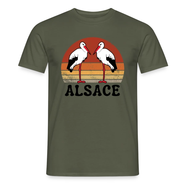 Maquette de T-shirt homme « Cigognes Alsace Rétro Sunset » à personnaliser