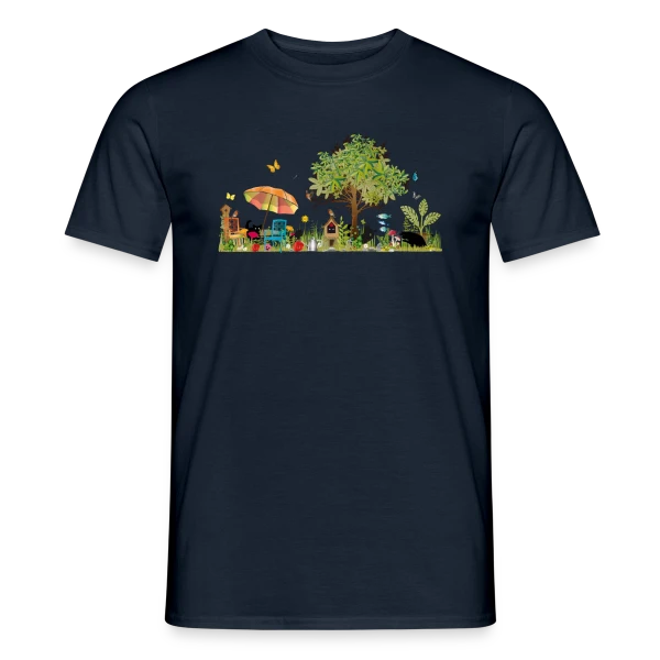 Maquette de T-shirt homme « Jardin luxuriant et Chats Noirs - Illustration Poétique » à personnaliser
