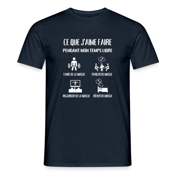 Maquette de T-shirt homme « Temps Libre = Muscu ! Humour Musculation Homme » à personnaliser
