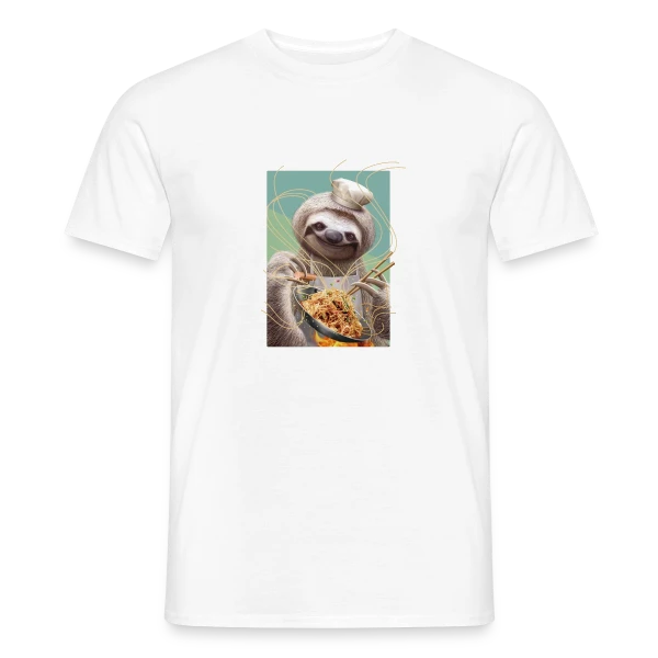 Maquette de T-shirt homme « Le Paresseux Chef des Nouilles Sautées » à personnaliser