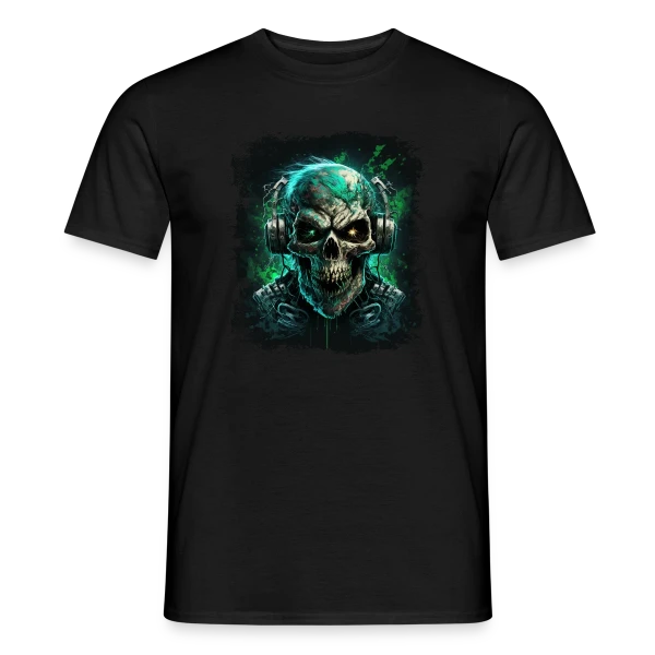 Maquette de T-shirt homme « Zombie Métalleux au Casque Audio » à personnaliser
