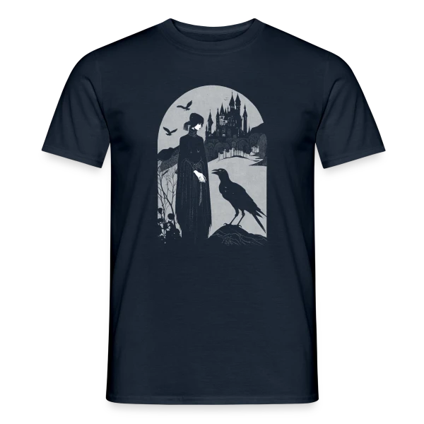 Maquette de T-shirt homme « Corbeau et Château Gothique Mystérieux » à personnaliser