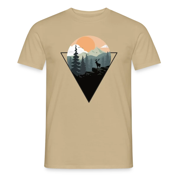 Maquette de T-shirt homme « Paysage Montagne Cerf Géométrique » à personnaliser