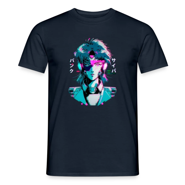 Maquette de T-shirt homme « Cyberpunk Anime Girl : Esthétique Glitch Années 80 » à personnaliser