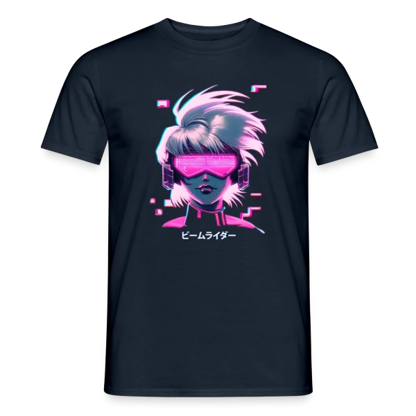 Maquette de T-shirt homme « Synthwave Anime Girl : Cyberpunk Néon Rétro » à personnaliser