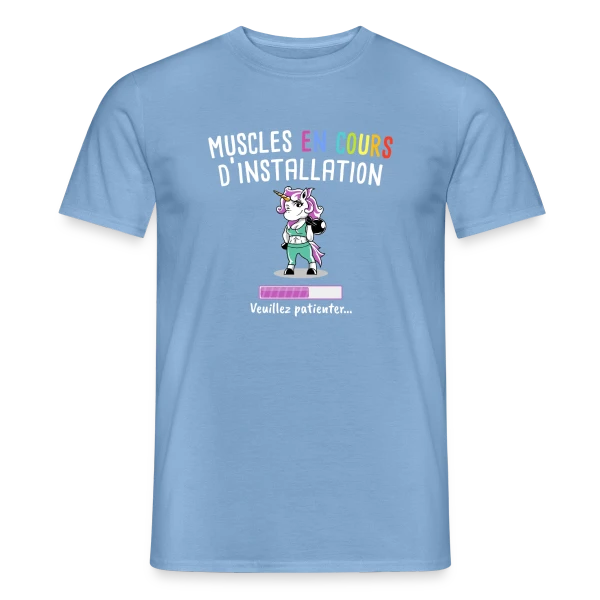 Maquette de T-shirt homme « Muscles en Cours : Licorne Fitness Humour - Cadeau Sportif » à personnaliser