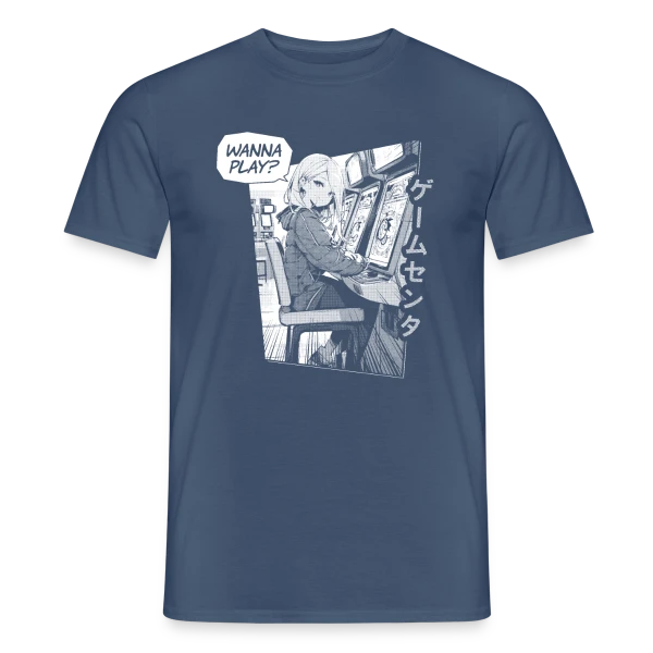 Maquette de T-shirt homme « Fille Anime en Arcade Rétro - Wanna Play ? » à personnaliser