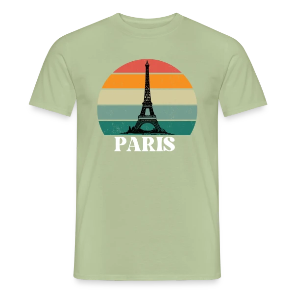 Maquette de T-shirt homme « Tour Eiffel Rétro Sunset » à personnaliser