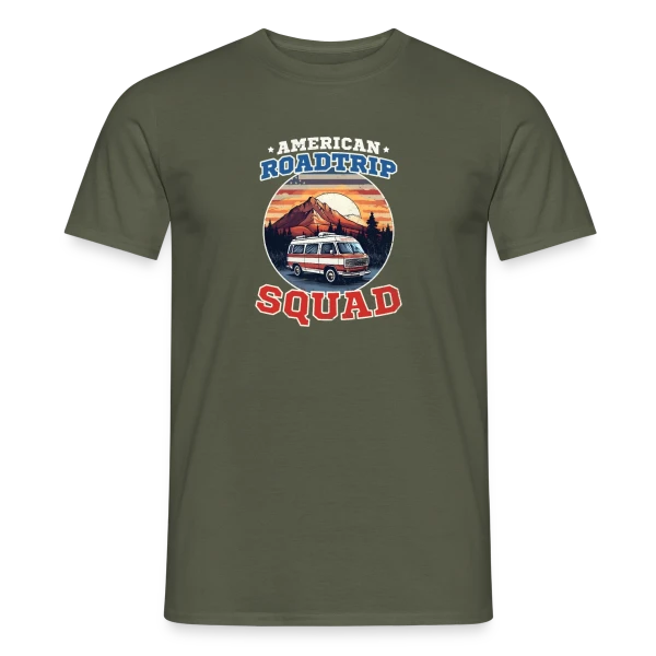 Maquette de T-shirt homme « Équipe Road Trip Américain Van » à personnaliser