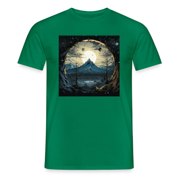 Maquette de T-shirt homme « Paysage Montagneux sous la Lune » à personnaliser