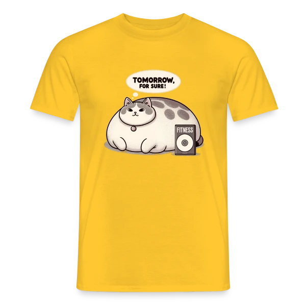 Maquette de T-shirt homme « Le Chat Paresseux du Fitness : Demain, c'est sûr ! » à personnaliser
