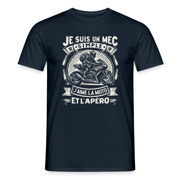 Maquette de T-shirt homme « Humour Moto & Apéro - Pour Mec Simple » à personnaliser