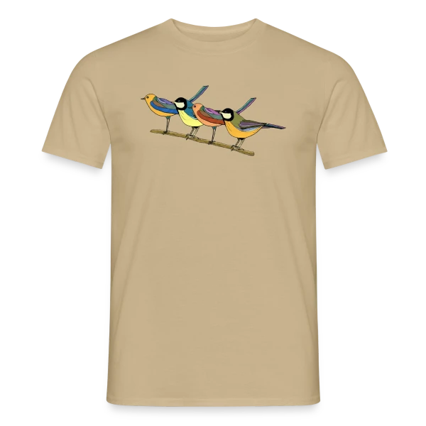 Maquette de T-shirt homme « Quatre Oiseaux Colorés » à personnaliser