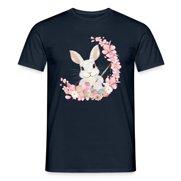 Maquette de T-shirt homme « Lapin de Pâques Enchanteur: Fleurs et Pinceau Pastel » à personnaliser